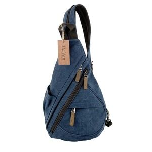 NEW Davan Blue Canvas Backpack Sling Shoulder Bag Purse Leather Trim $105 Retail